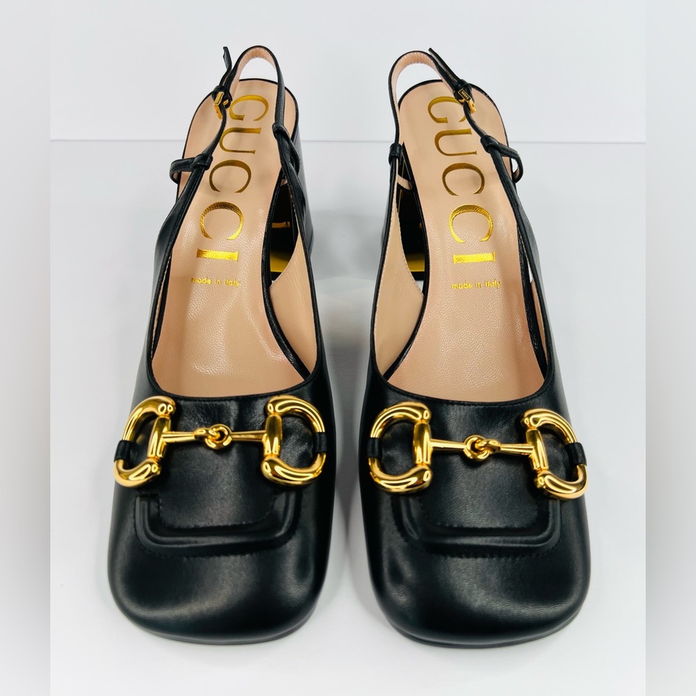 Gucci Black Leather Heels with Gold Detailing - Picture 5 of 11
